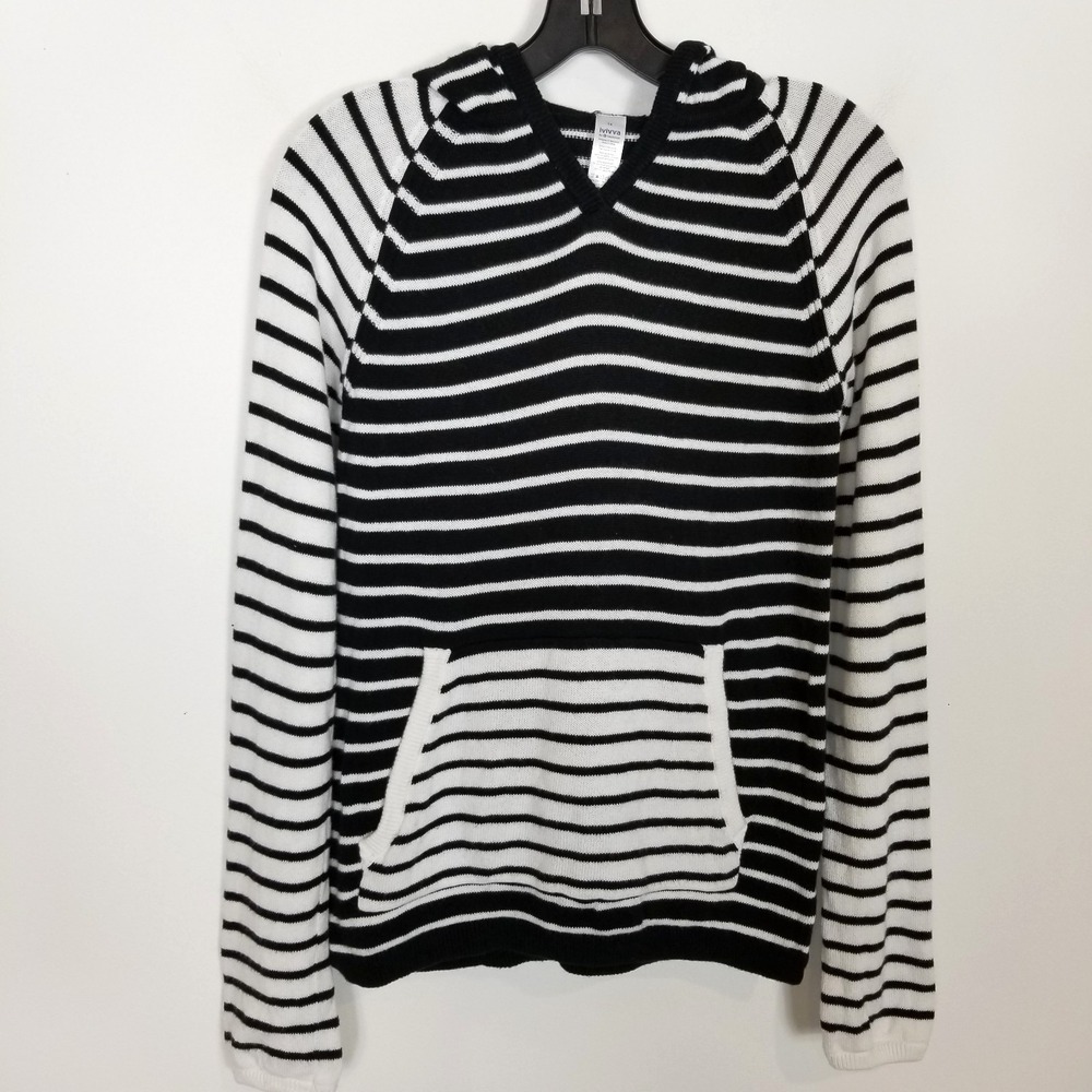 Ivivva Lululemon Girl Black/White Stripe Hooded Cotton Sweater Size 14 Pullover